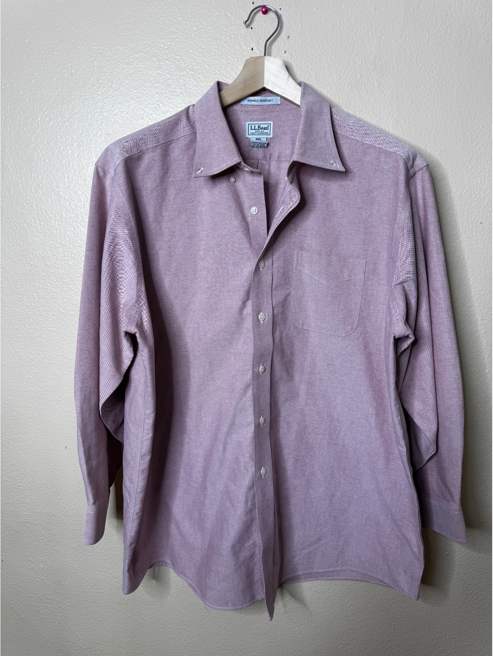 LL Bean Mens 17.5-33 Pink Oxford Cotton Wrinkle Resistant Button Down Shirt